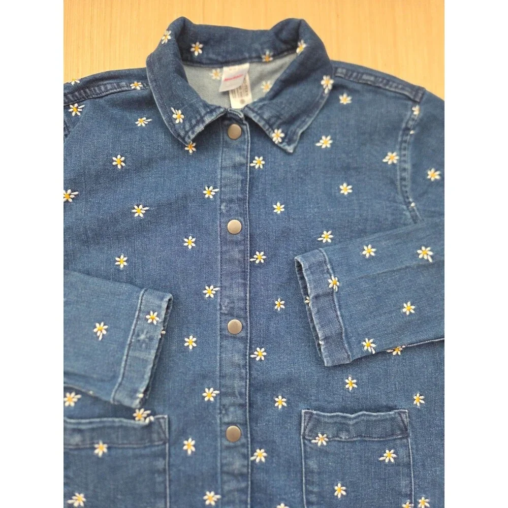 Hanna Andersson Girl's 12 (150cm) Embroidered Flowers Denim Jacket Snap Buttons